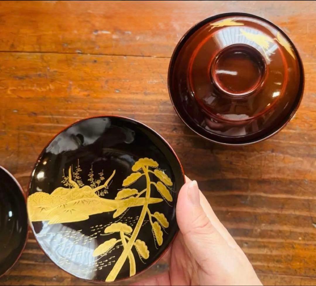 漆塗椀　蒔絵　懐石　金蒔絵吸い物椀2客　正月　椀