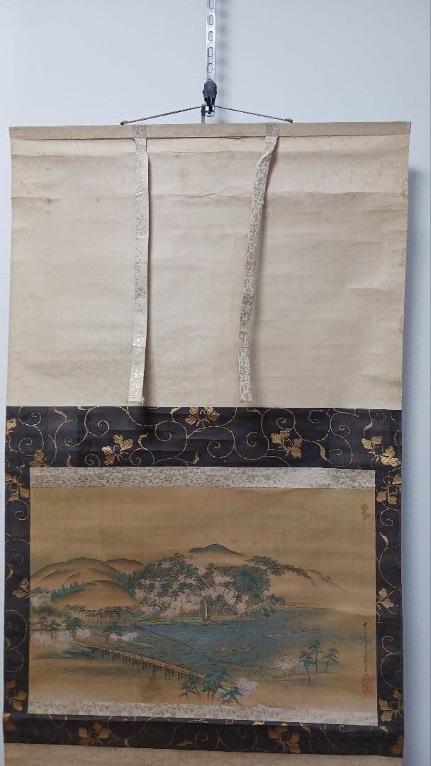 掛軸　肉筆　土佐光文　風景図　絹本着色　古美術　骨董
