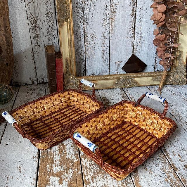 ヴィンテージ*バンブー グラス バスケット 2個*竹×芒草×陶器 籠 かご