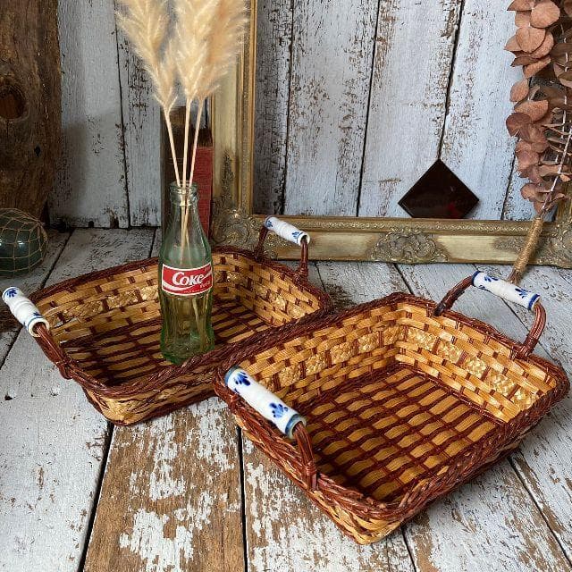 ヴィンテージ*バンブー グラス バスケット 2個*竹×芒草×陶器 籠 かご