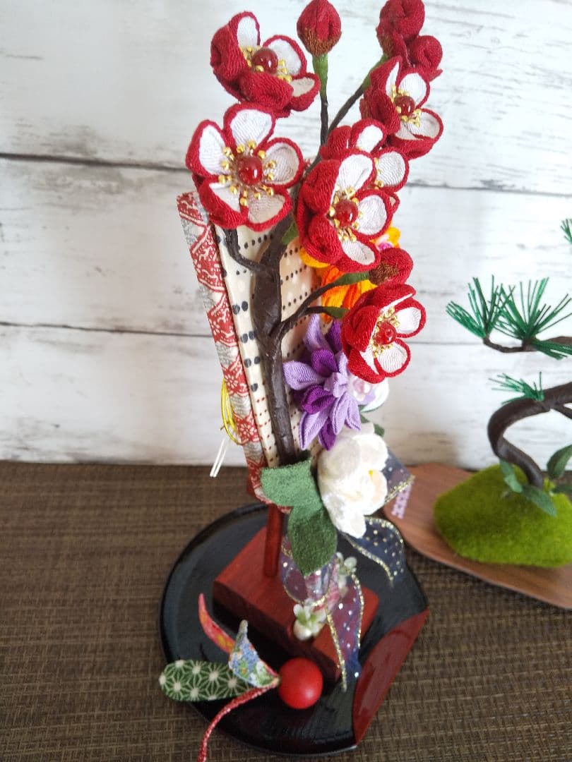 つまみ細工　梅　椿　羽子板　正月飾り　ハンドメイド