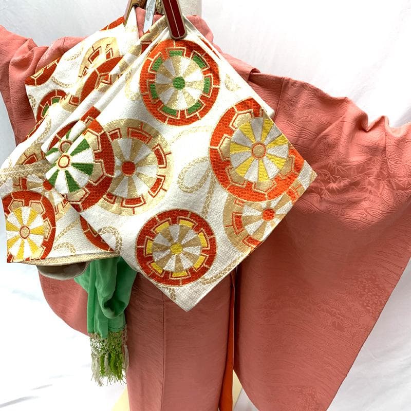 504ag5□七五三 七歳 女児 着物&袋帯&長襦袢 色無地 地紋入り□美品