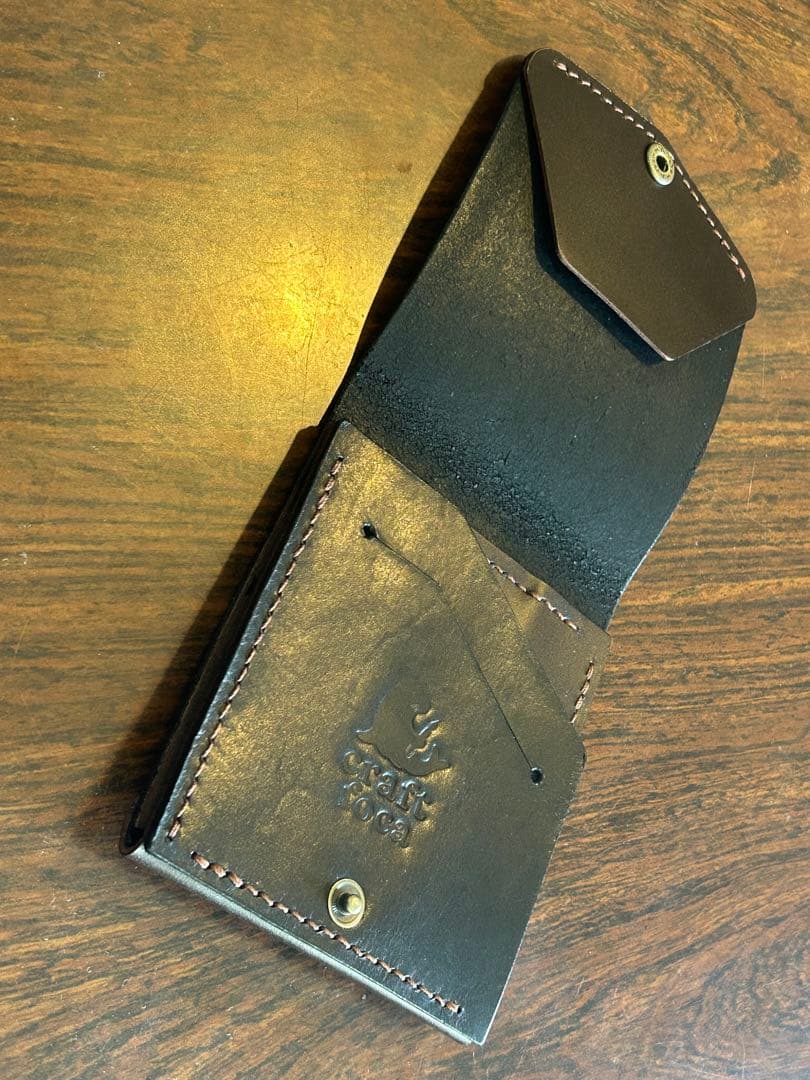 本革 ミニ財布 コンパクト財布 ハンドメイド レザー 手縫い 二つ折り　ブラック