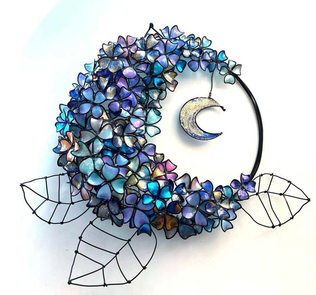 銀河　月×大きな紫陽花リース　ディップアート　ワイヤークラフト　アート　壁飾り