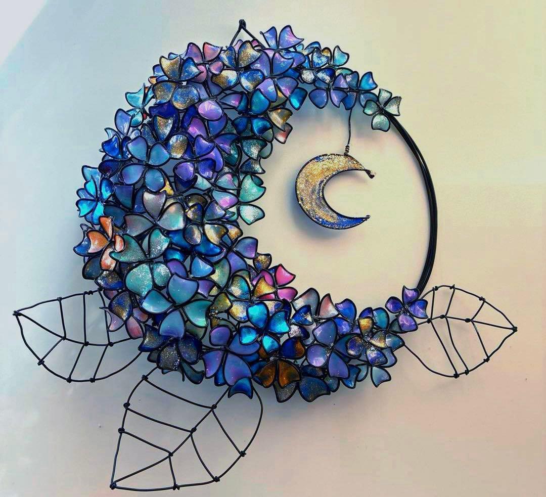 銀河　月×大きな紫陽花リース　ディップアート　ワイヤークラフト　アート　壁飾り