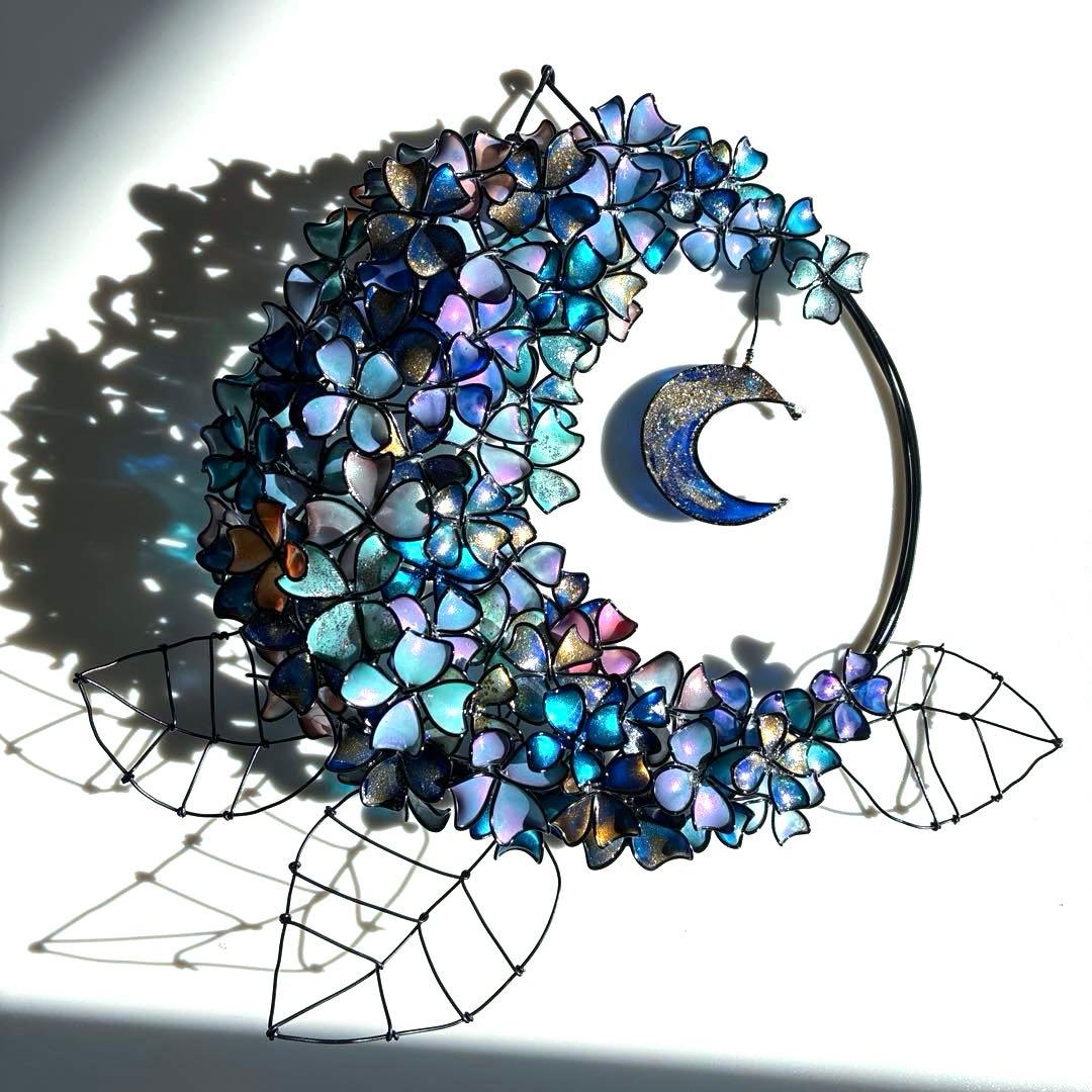 銀河　月×大きな紫陽花リース　ディップアート　ワイヤークラフト　アート　壁飾り