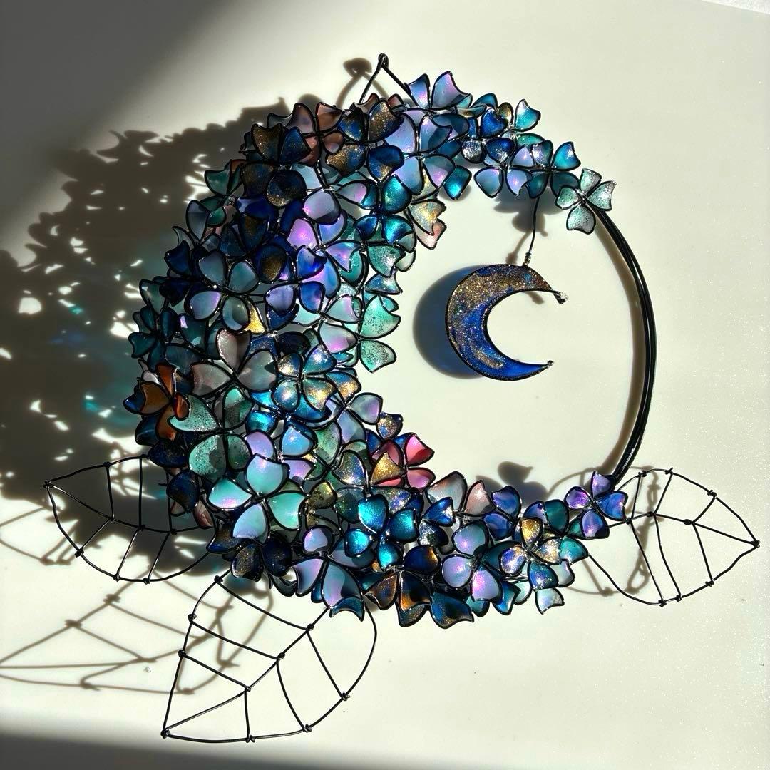 銀河　月×大きな紫陽花リース　ディップアート　ワイヤークラフト　アート　壁飾り