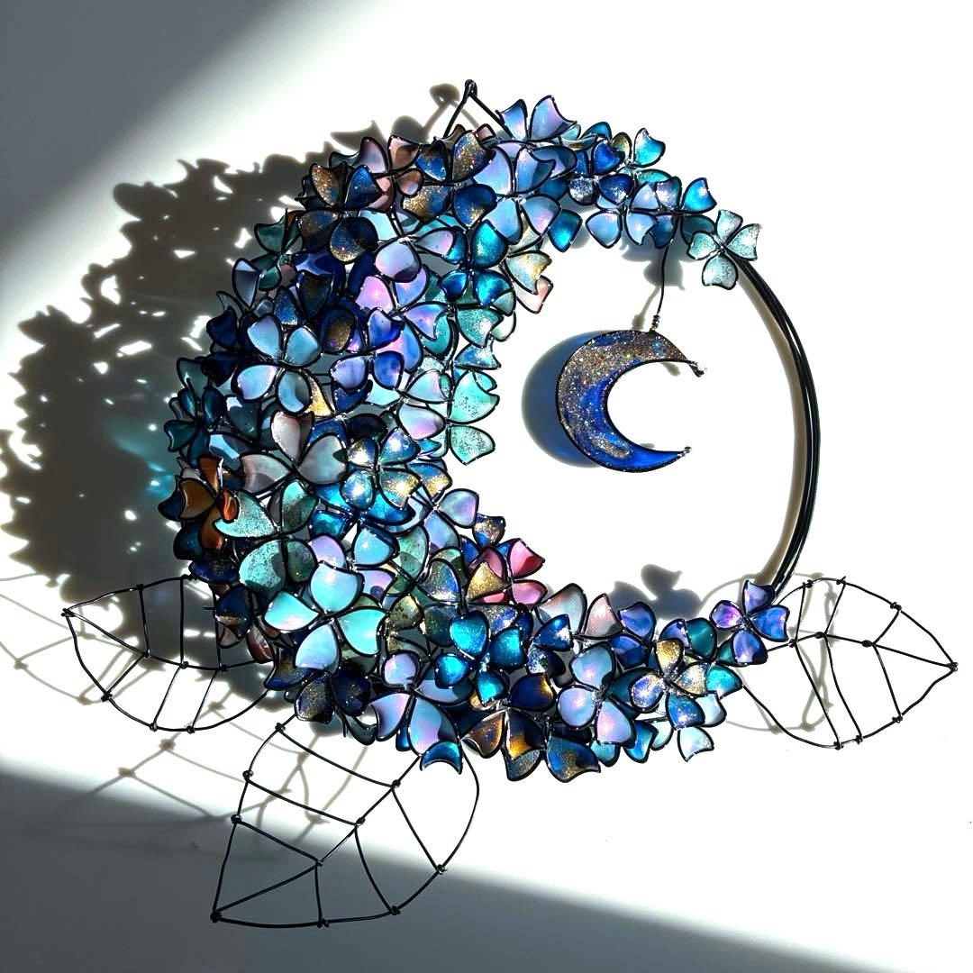銀河　月×大きな紫陽花リース　ディップアート　ワイヤークラフト　アート　壁飾り