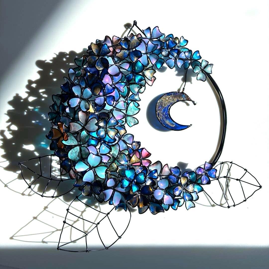 銀河　月×大きな紫陽花リース　ディップアート　ワイヤークラフト　アート　壁飾り
