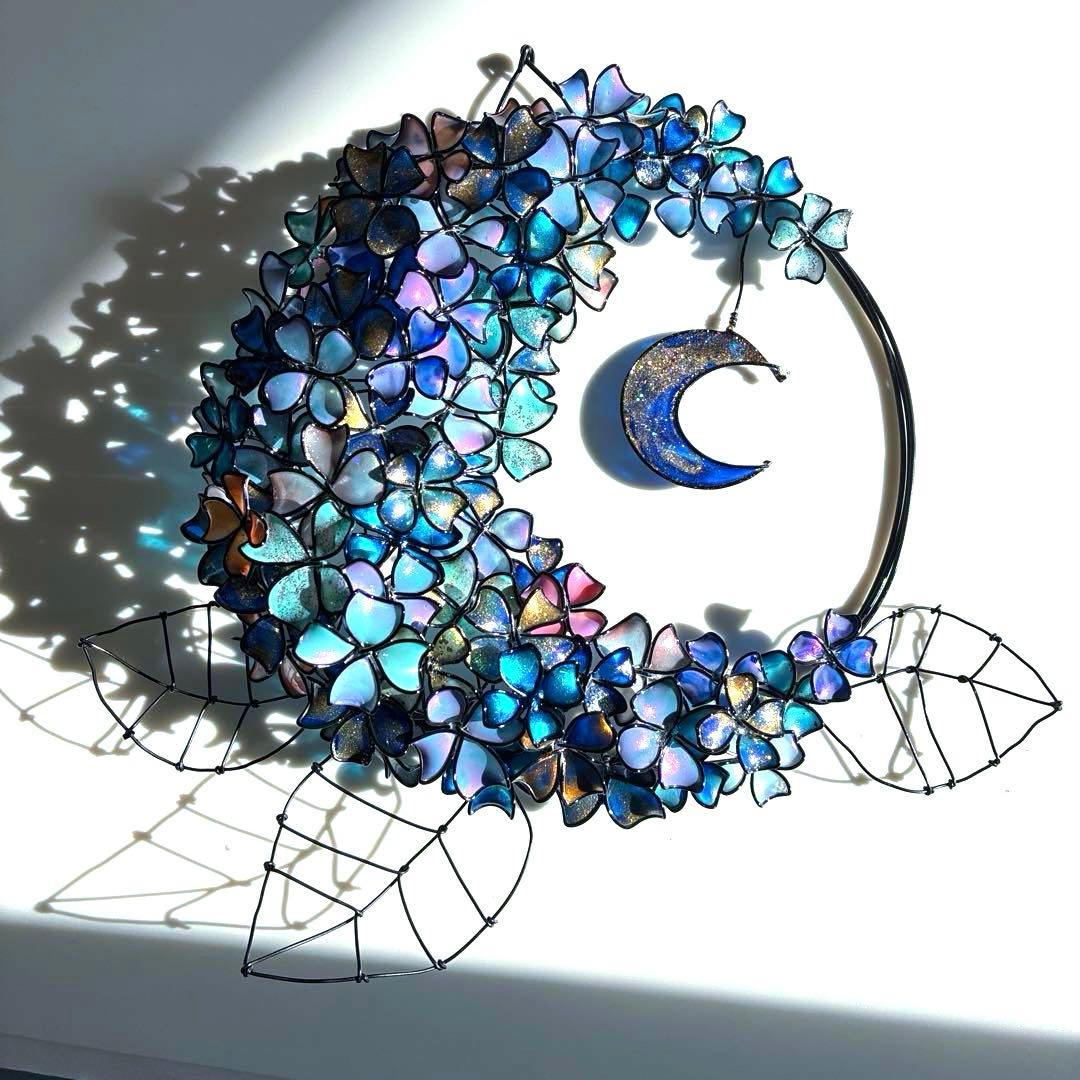 銀河　月×大きな紫陽花リース　ディップアート　ワイヤークラフト　アート　壁飾り