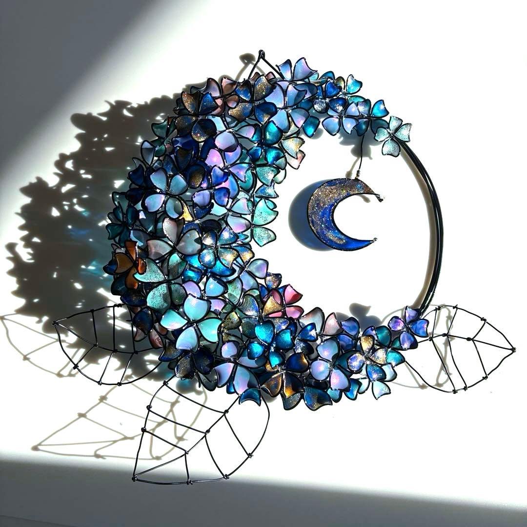銀河　月×大きな紫陽花リース　ディップアート　ワイヤークラフト　アート　壁飾り