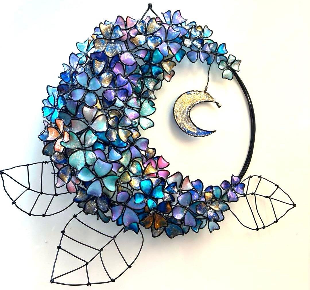 銀河　月×大きな紫陽花リース　ディップアート　ワイヤークラフト　アート　壁飾り