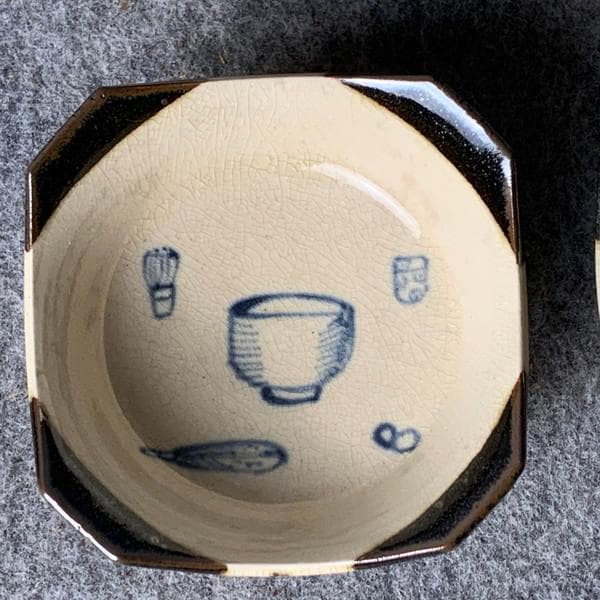 京焼帯山茶道具模様角切手塩皿4枚[B34392]