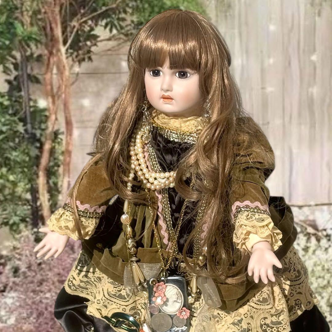 ビスクドール ジュモー グリーン ブラック ドレス ピンク 薔薇 ボネ カメオ