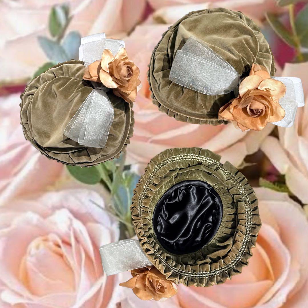 ビスクドール ジュモー グリーン ブラック ドレス ピンク 薔薇 ボネ カメオ