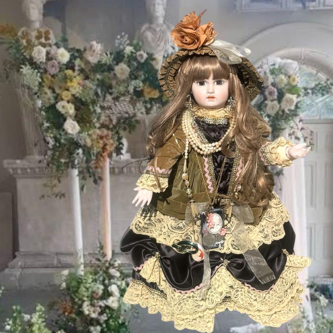 ビスクドール ジュモー グリーン ブラック ドレス ピンク 薔薇 ボネ カメオ