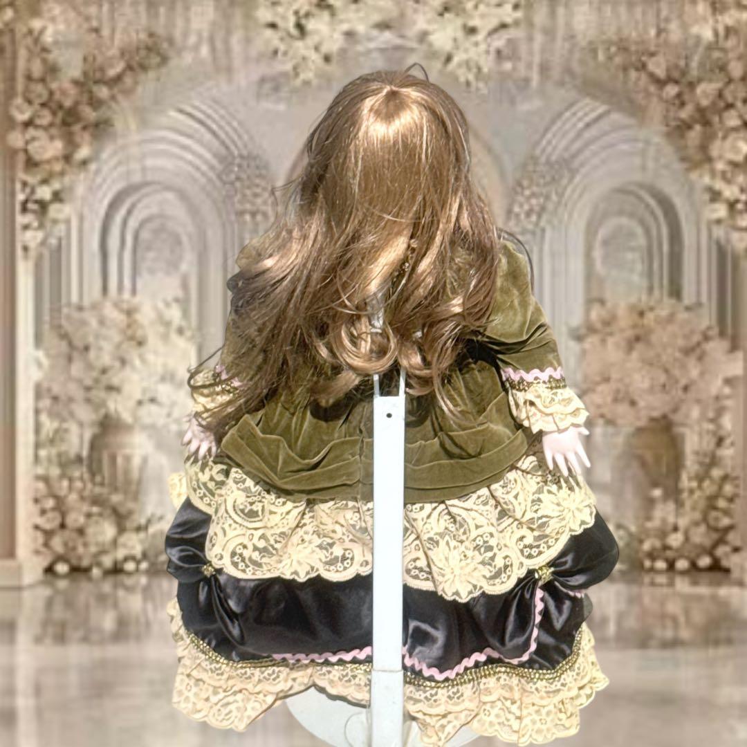 ビスクドール ジュモー グリーン ブラック ドレス ピンク 薔薇 ボネ カメオ