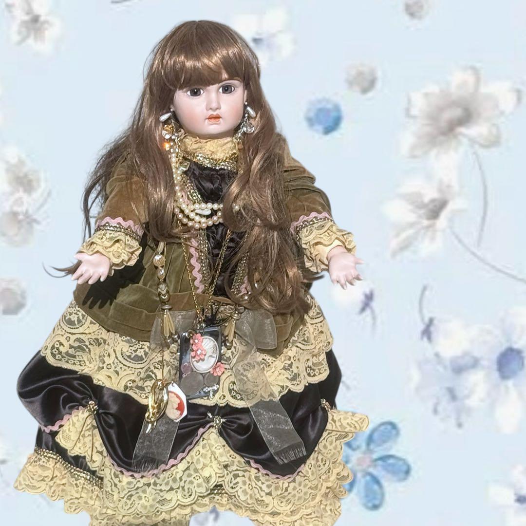 ビスクドール ジュモー グリーン ブラック ドレス ピンク 薔薇 ボネ カメオ