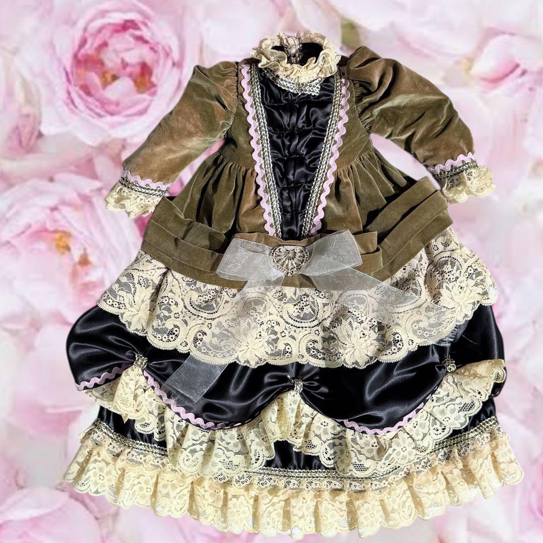 ビスクドール ジュモー グリーン ブラック ドレス ピンク 薔薇 ボネ カメオ