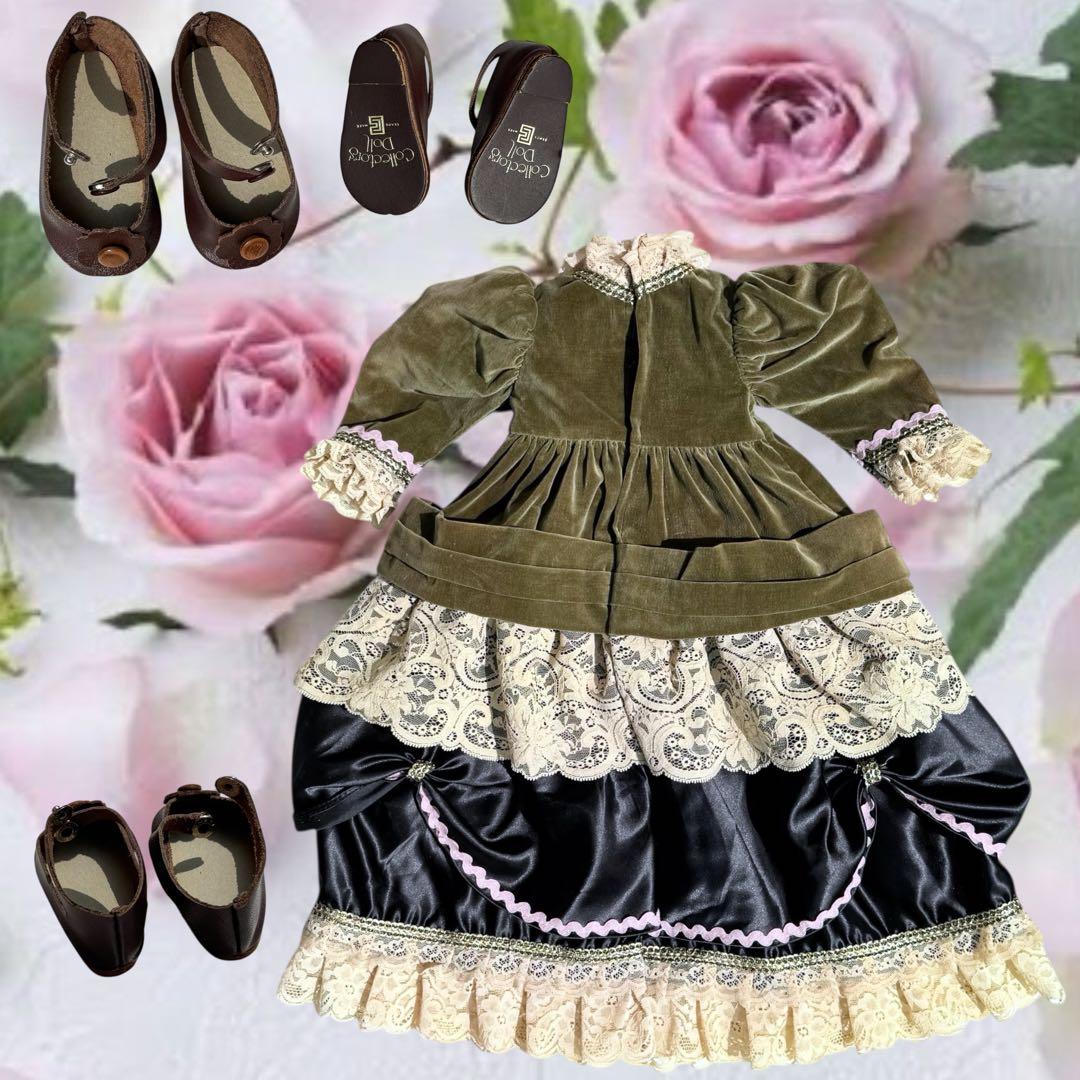 ビスクドール ジュモー グリーン ブラック ドレス ピンク 薔薇 ボネ カメオ