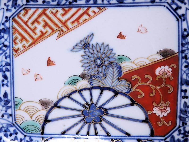 大聖寺伊万里　染錦　波千鳥に菊　花唐草の図　長皿　B288AS-CRn