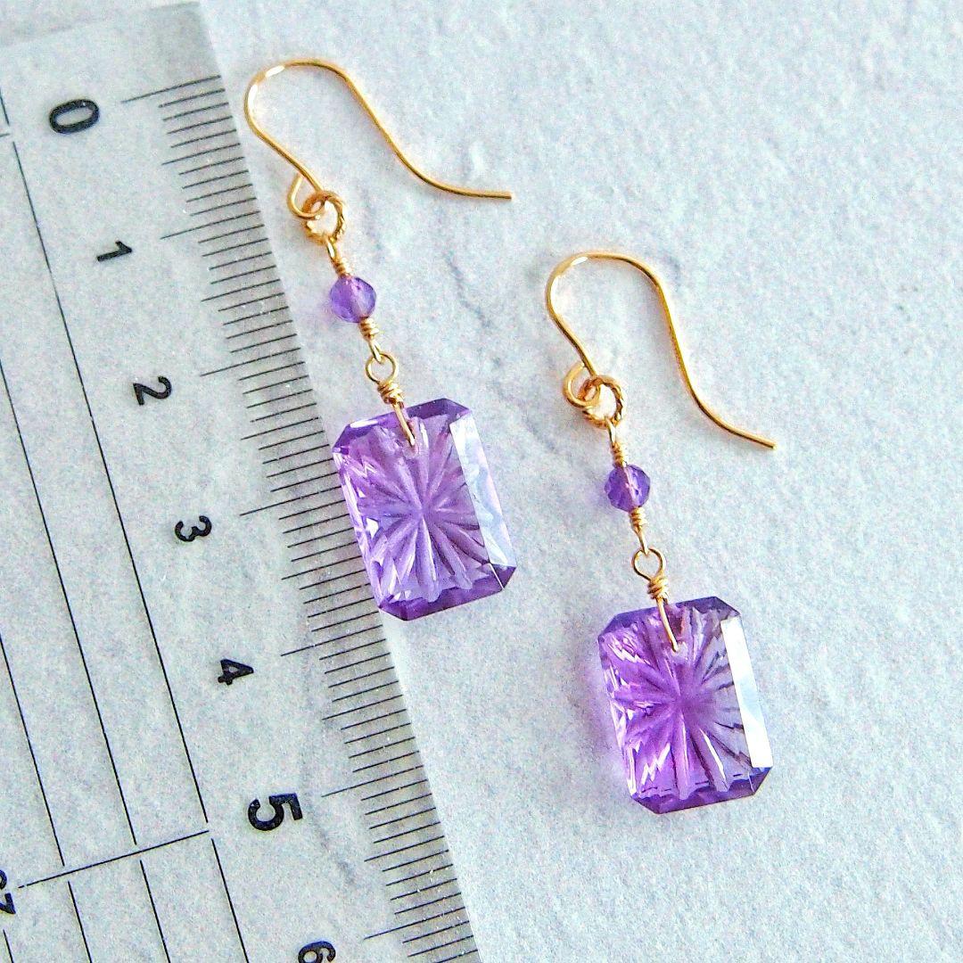 宝石質✨アメジスト　バックカービング　ピアス　14kgf