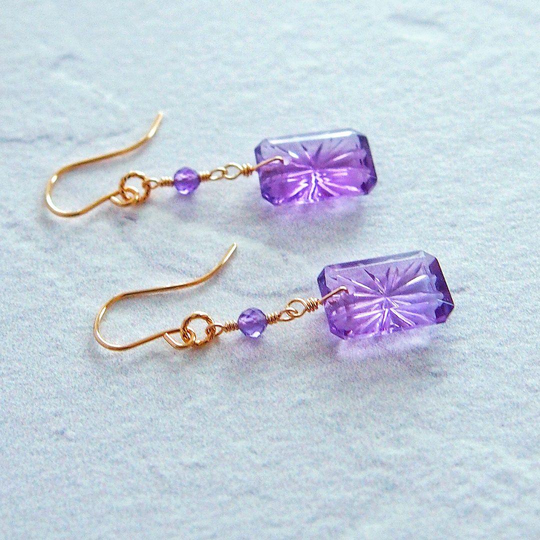 宝石質✨アメジスト　バックカービング　ピアス　14kgf