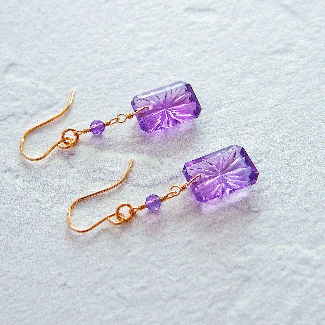 宝石質✨アメジスト　バックカービング　ピアス　14kgf