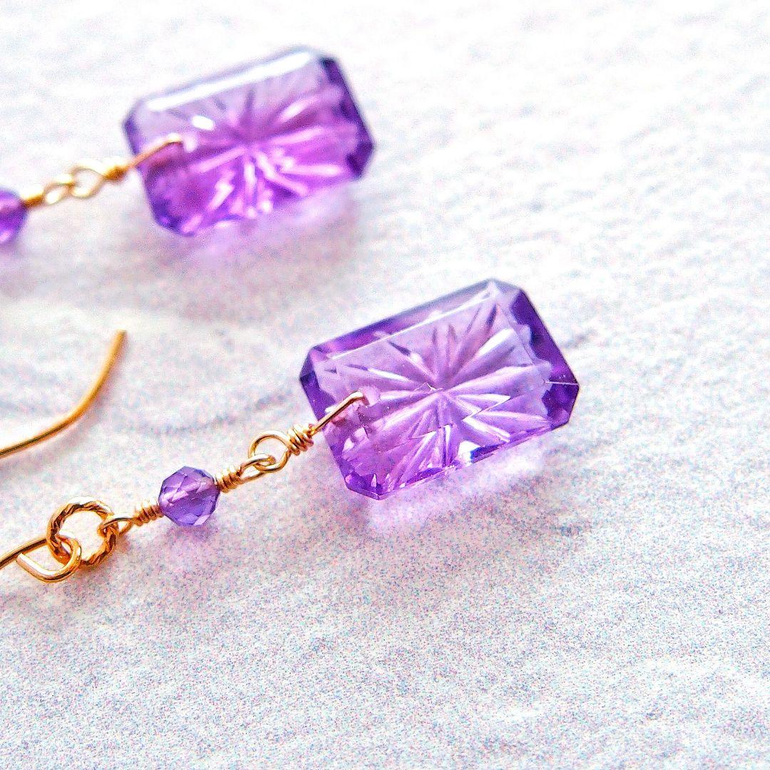 宝石質✨アメジスト　バックカービング　ピアス　14kgf