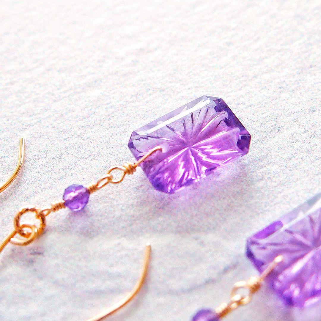 宝石質✨アメジスト　バックカービング　ピアス　14kgf