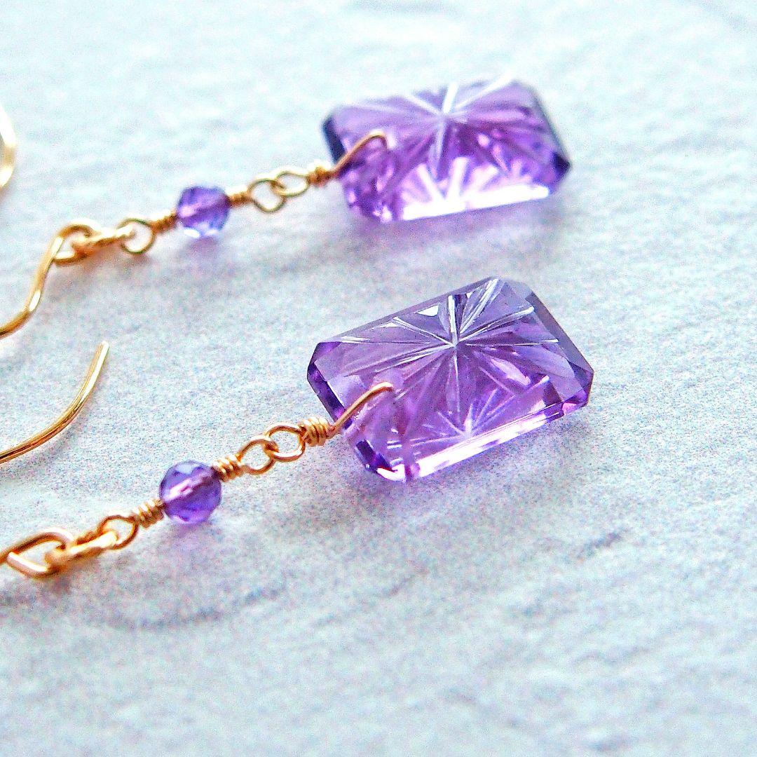 宝石質✨アメジスト　バックカービング　ピアス　14kgf