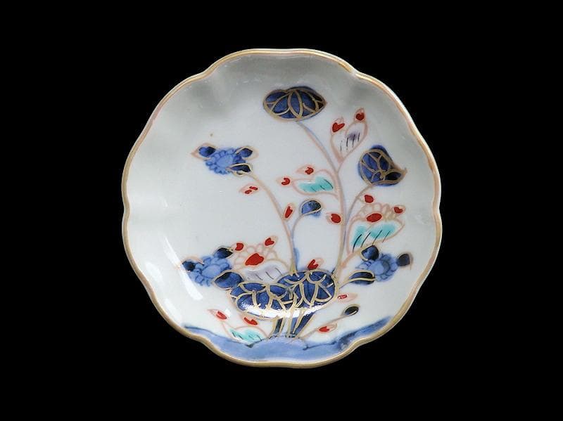 古伊万里 　染錦　河骨紋の図　手塩皿　3寸半皿　４枚 　D417AS-fbuw