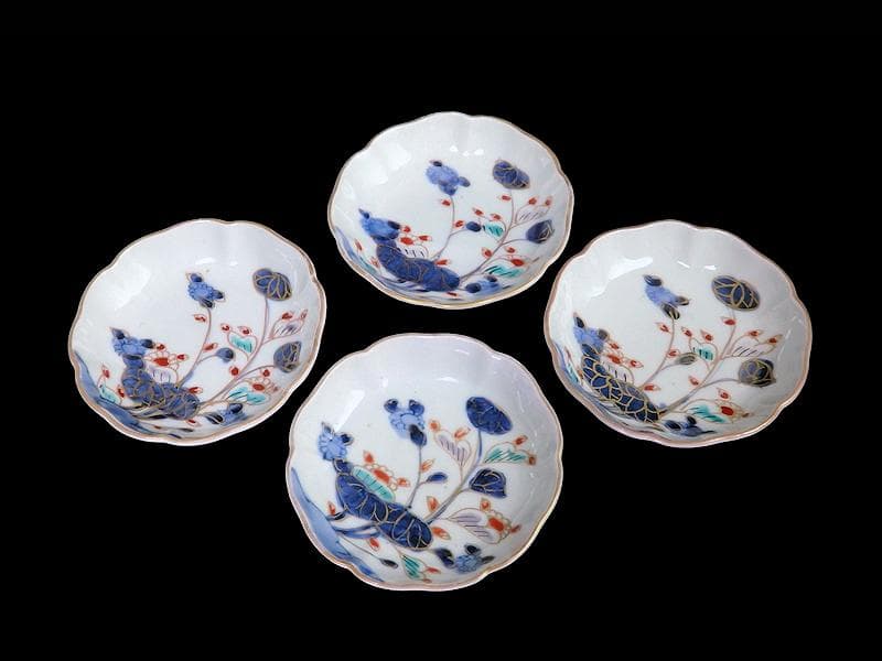 古伊万里 　染錦　河骨紋の図　手塩皿　3寸半皿　４枚 　D417AS-fbuw