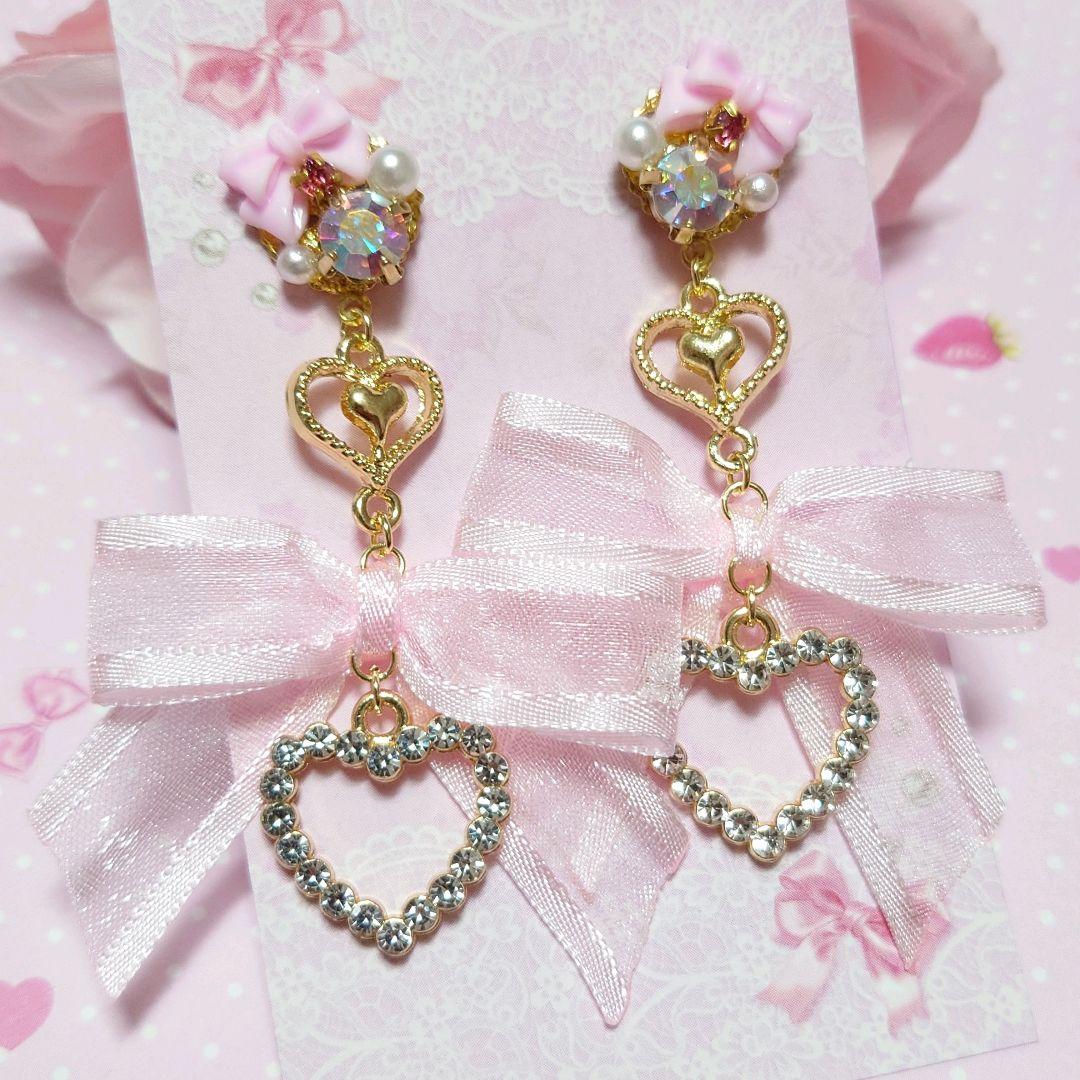 ピンクオーガンジーリボンとオープンハートのビジューピアス/イヤリング