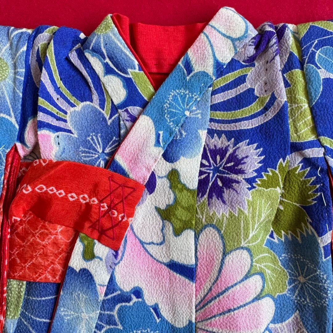 市松人形 13号(47cm)サイズの着物　比翼仕立て　青深緑　撫子桜芍薬　す