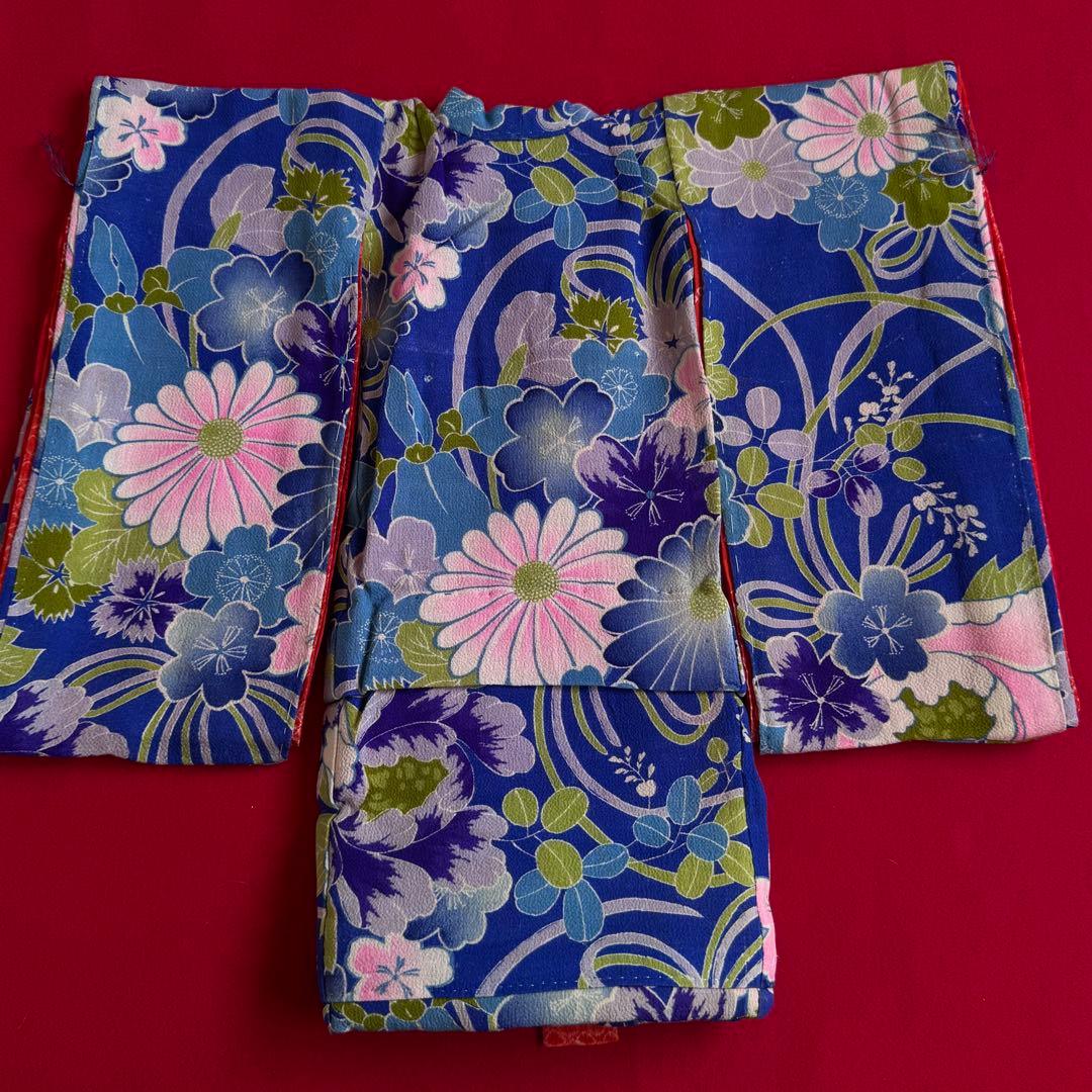 市松人形 13号(47cm)サイズの着物　比翼仕立て　青深緑　撫子桜芍薬　す