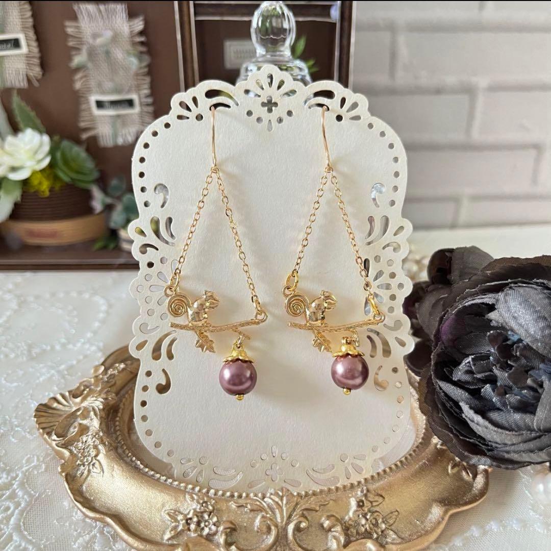 再販☆❤️ どんぐり　リス　秋　チェーン　ピアス　イヤリング　ハンドメイド