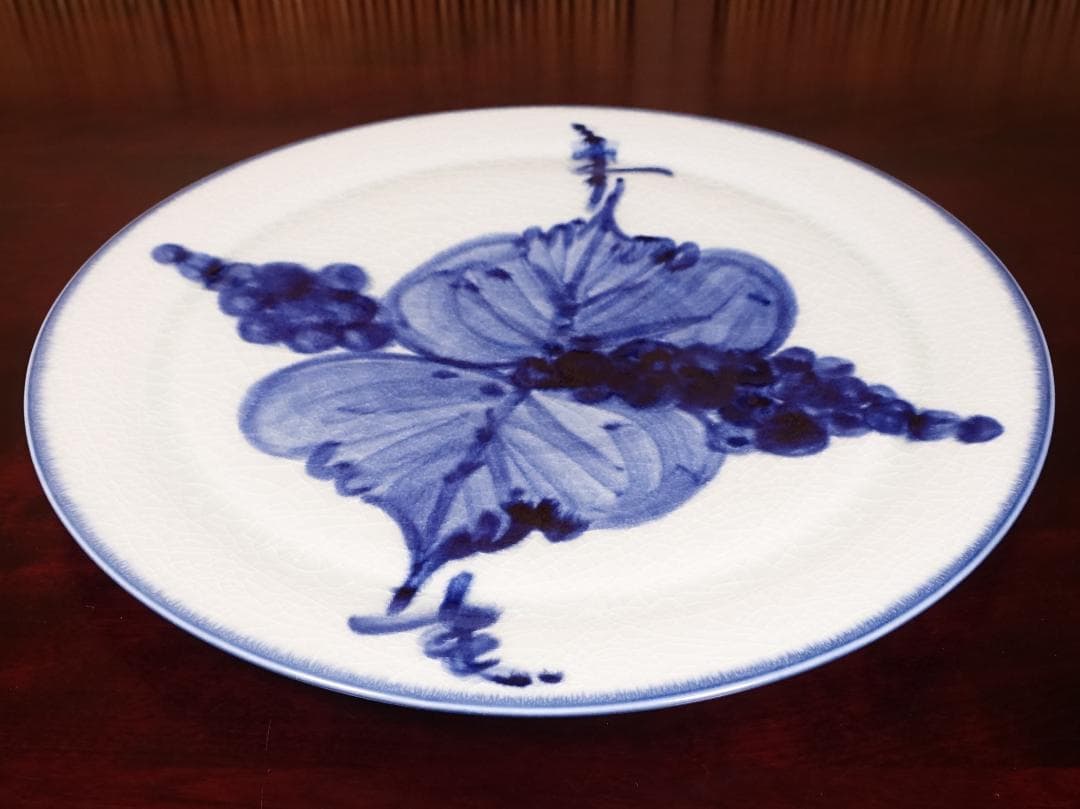 近藤濶（父:人間国宝 近藤悠三）大作 染付ぶどう絵 大皿 幅36.6cm 共箱