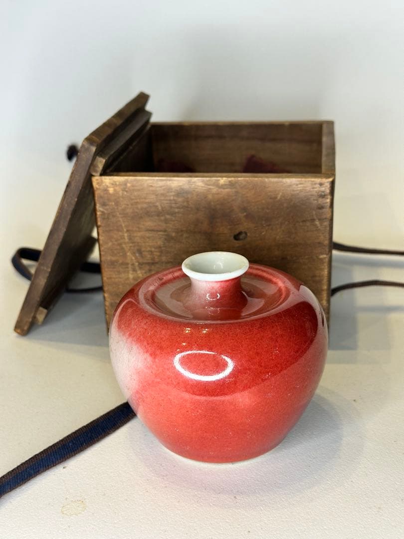 希少 清時代 大清康熙年製款 蘋果尊 朱釉 賞瓶 陶磁器 古美術 共箱 時代物