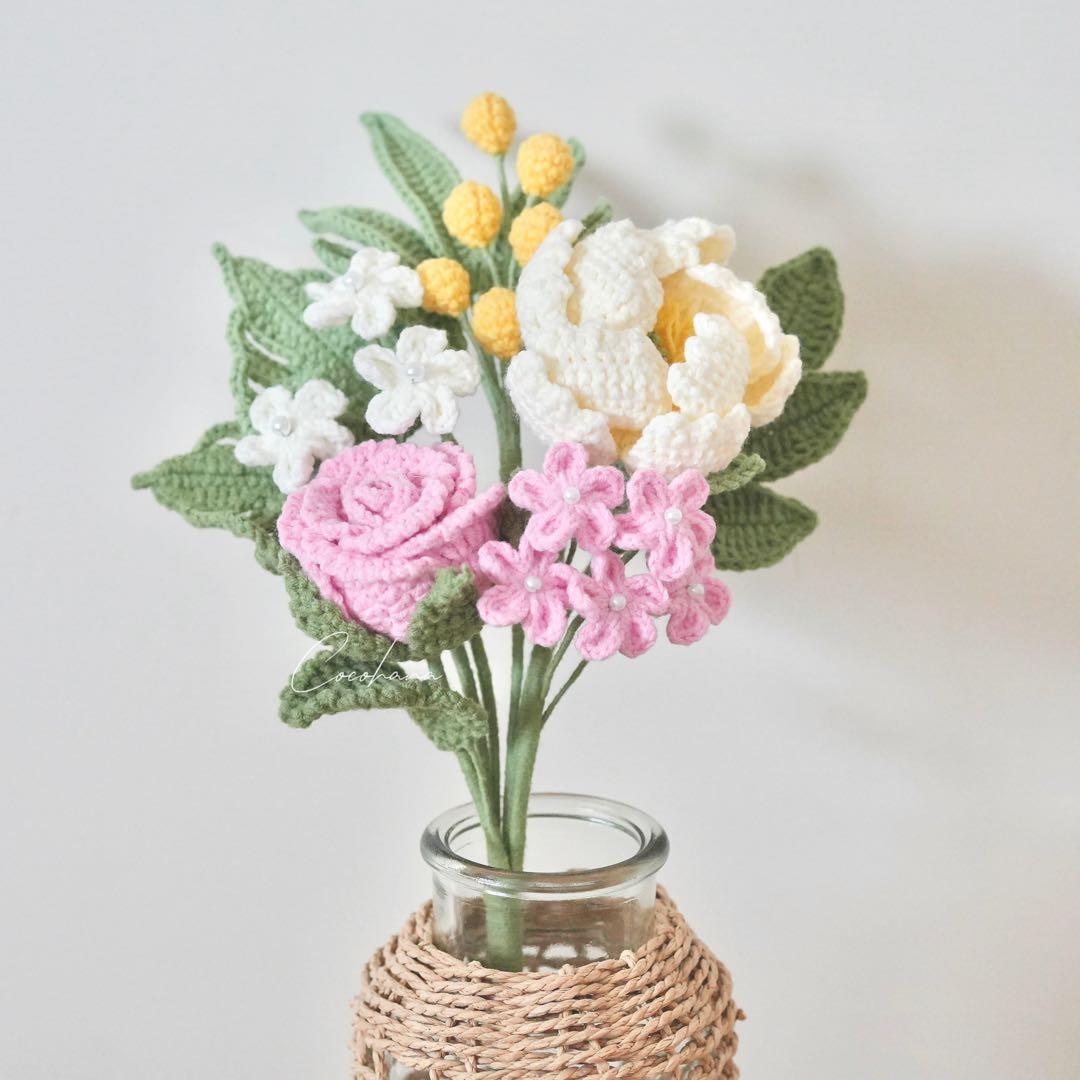 ミモザ　枯れない花　ニットフラワー　スワッグ　花束　フラワーギフト　プレゼント