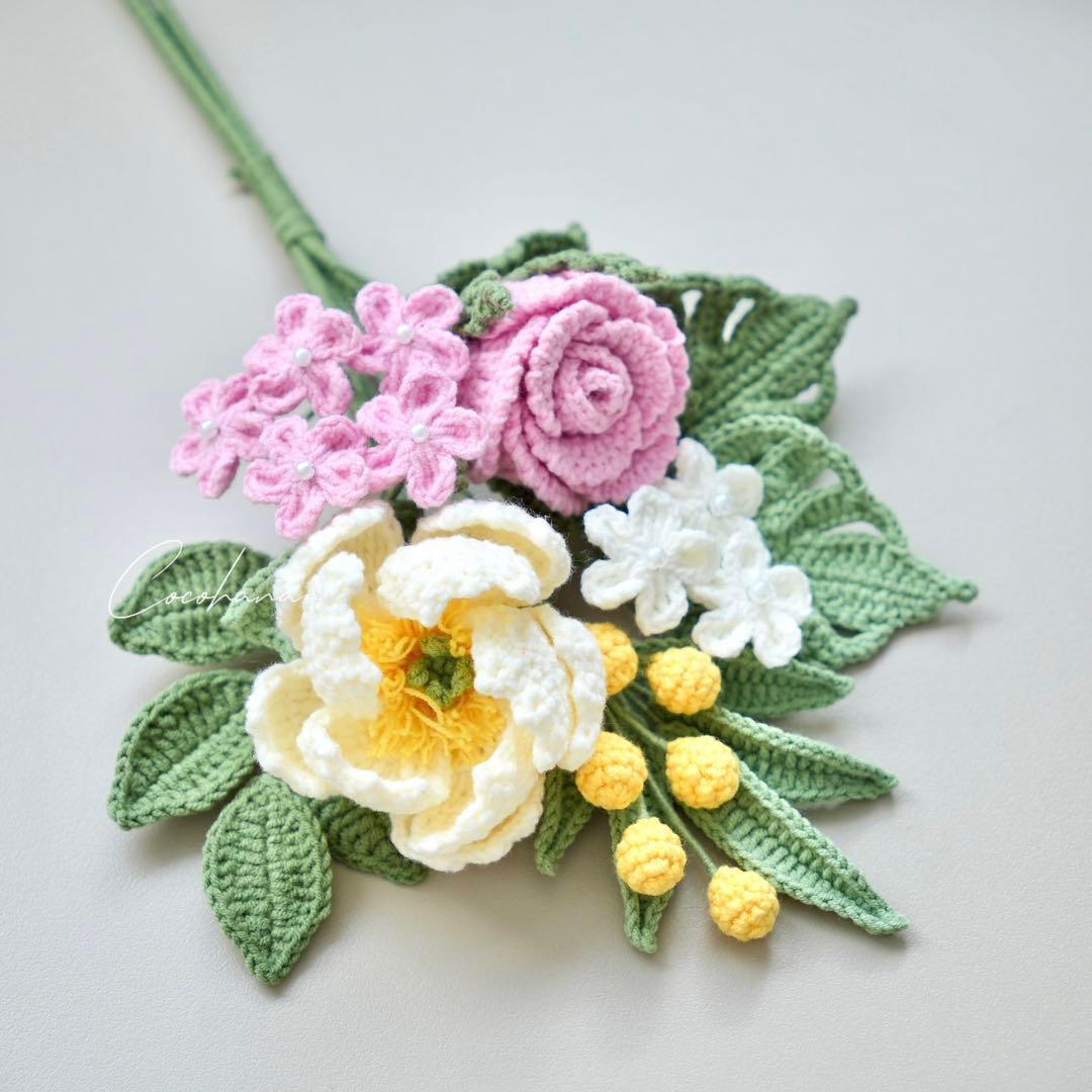 ミモザ　枯れない花　ニットフラワー　スワッグ　花束　フラワーギフト　プレゼント