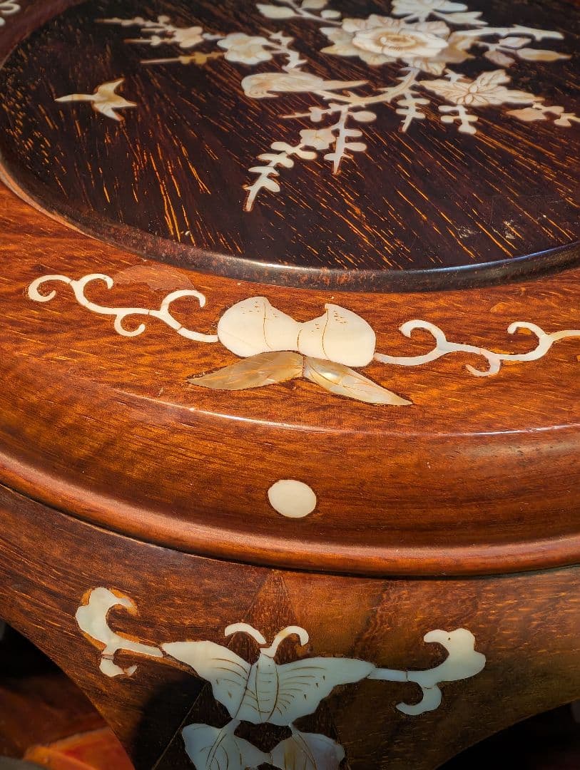 さ*る様 螺鈿 細工 唐木 花梨 花台 丸椅子 スツール 高級家具 中国美術 李