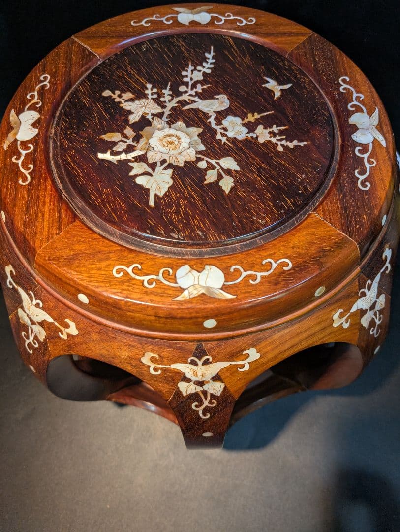 さ*る様 螺鈿 細工 唐木 花梨 花台 丸椅子 スツール 高級家具 中国美術 李
