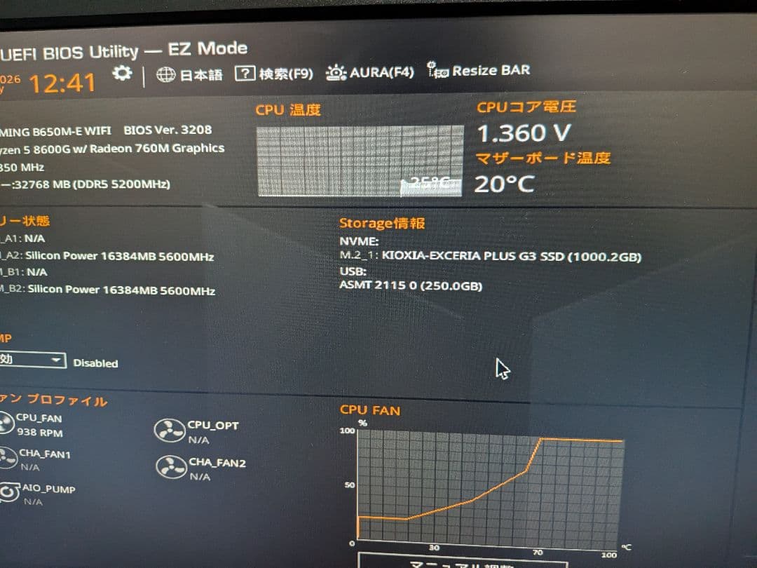自作PC ryzen5 8600G RAM32GB SSD1TB