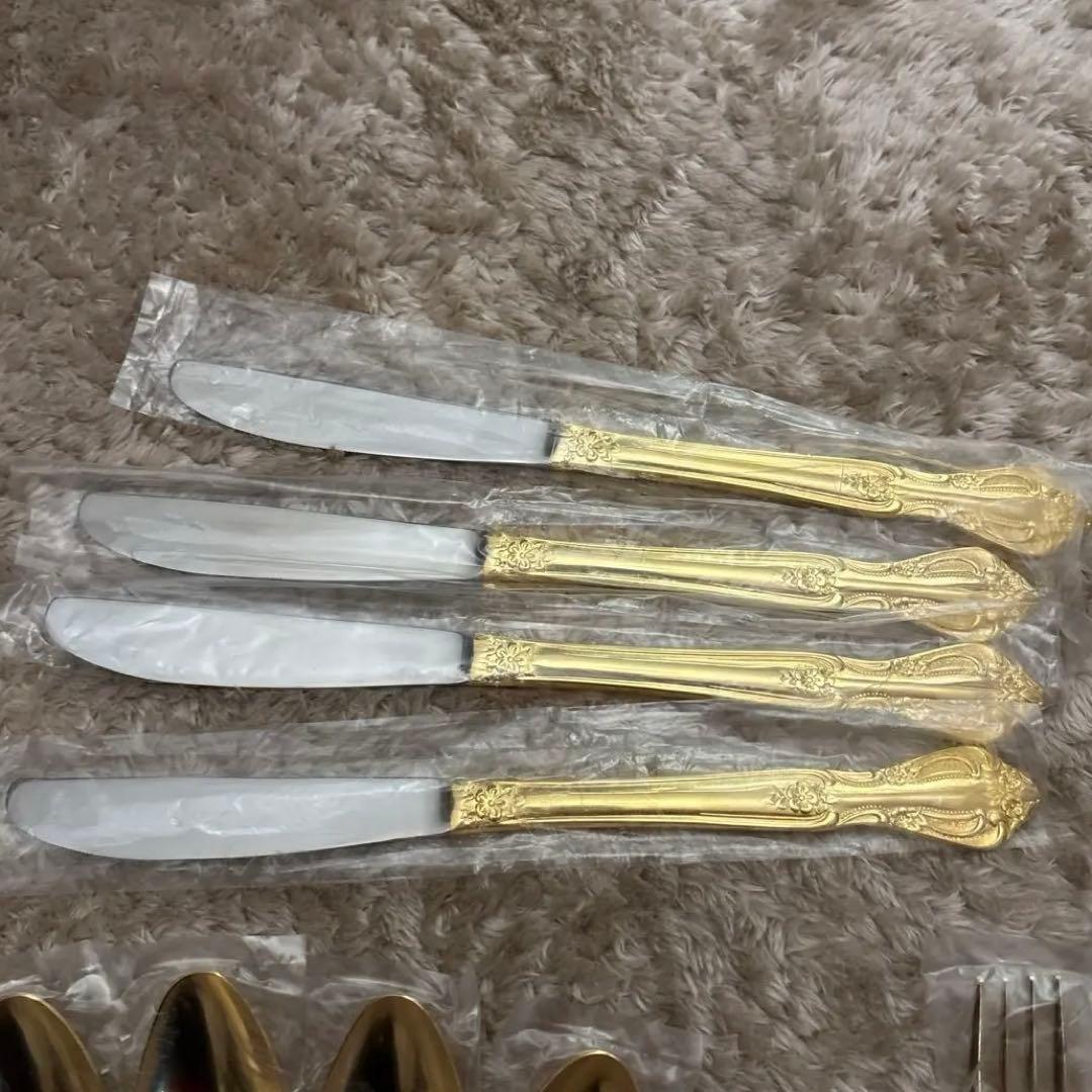 【未使用】サンクラフト 24金仕上げ カトラリーセット 55点 8客用 木箱付