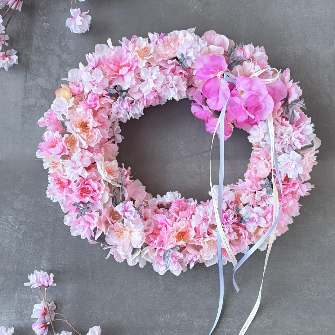 ＊新作＊八重桜とスイトピーの大きなオーバルリース＊お祝い＊ギフト