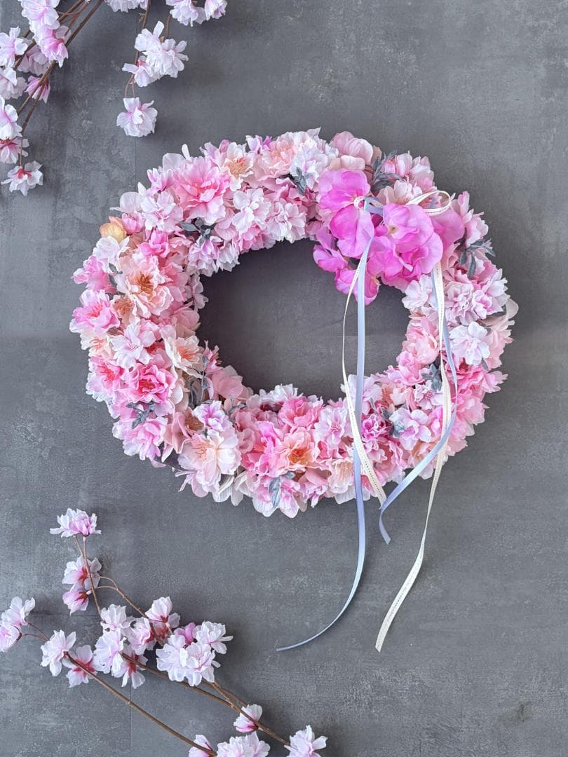 ＊新作＊八重桜とスイトピーの大きなオーバルリース＊お祝い＊ギフト