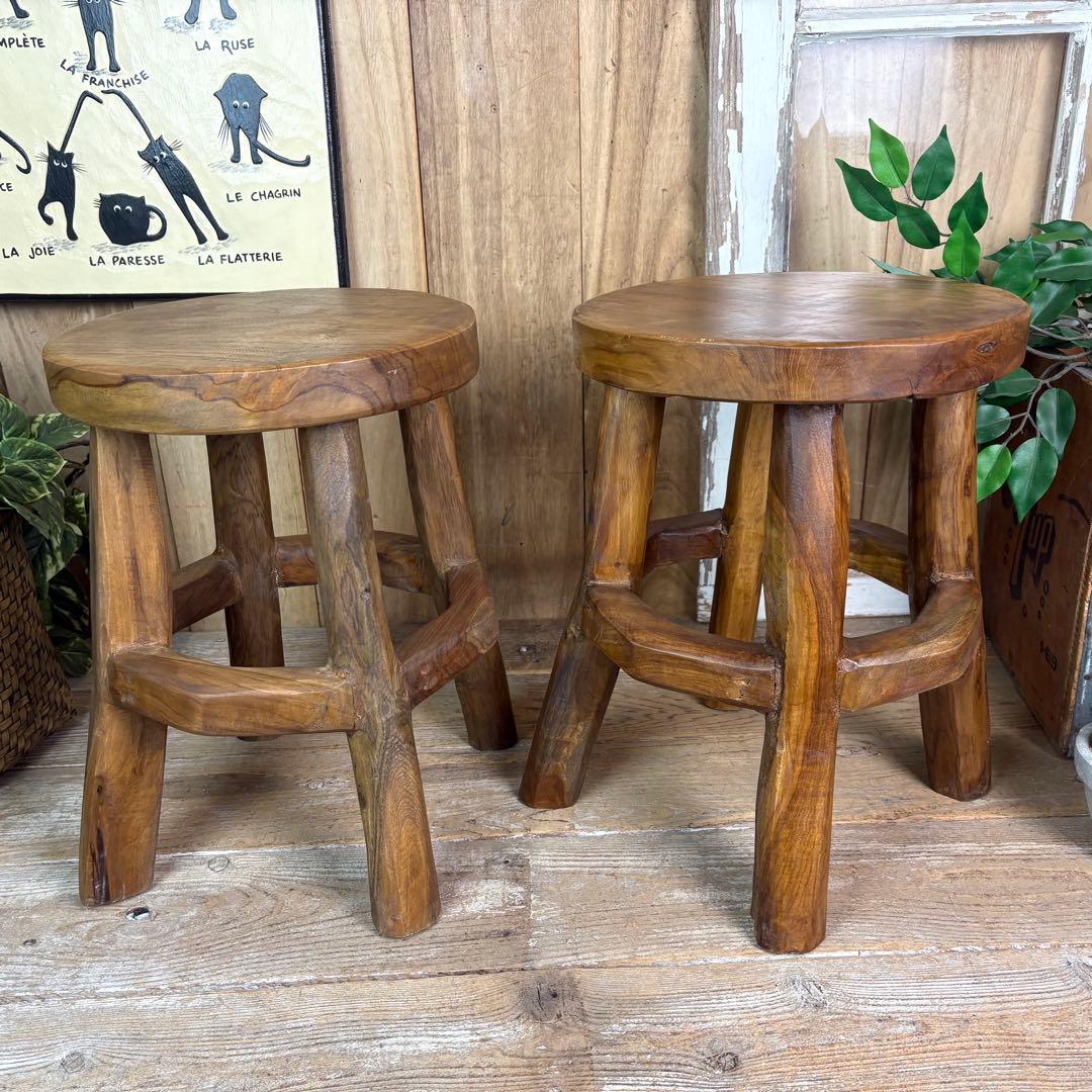 オールドチーク天然無垢極太丸木脚丸スツールM二脚セット木製天然無垢椅子花台チェア