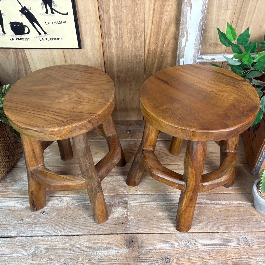 オールドチーク天然無垢極太丸木脚丸スツールM二脚セット木製天然無垢椅子花台チェア