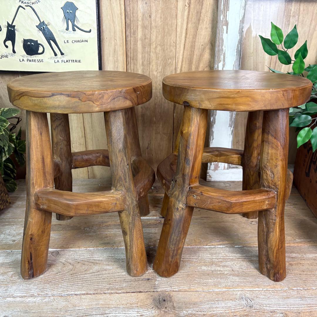 オールドチーク天然無垢極太丸木脚丸スツールM二脚セット木製天然無垢椅子花台チェア